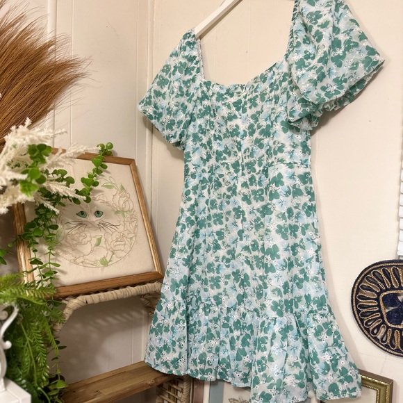 ACOA blue and green floral eyelet bustier puff sleeve dress (M) - Picture 4 of 6